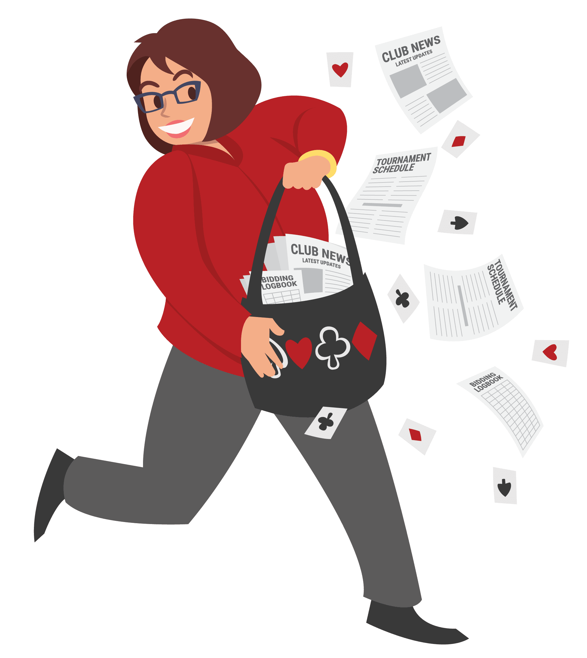 Illustration of Lorna dashing with a bag full of bridge news and score sheets